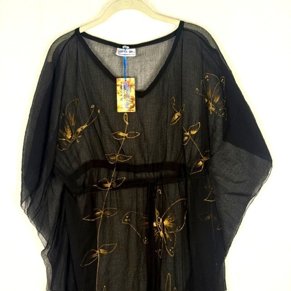 Bamblue Cana Black Gold Butterfly Print Sheer Kaftan Cover Up Dress NWT